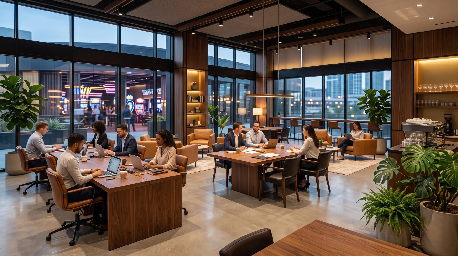 A bright modern co-working space with multiple work areas