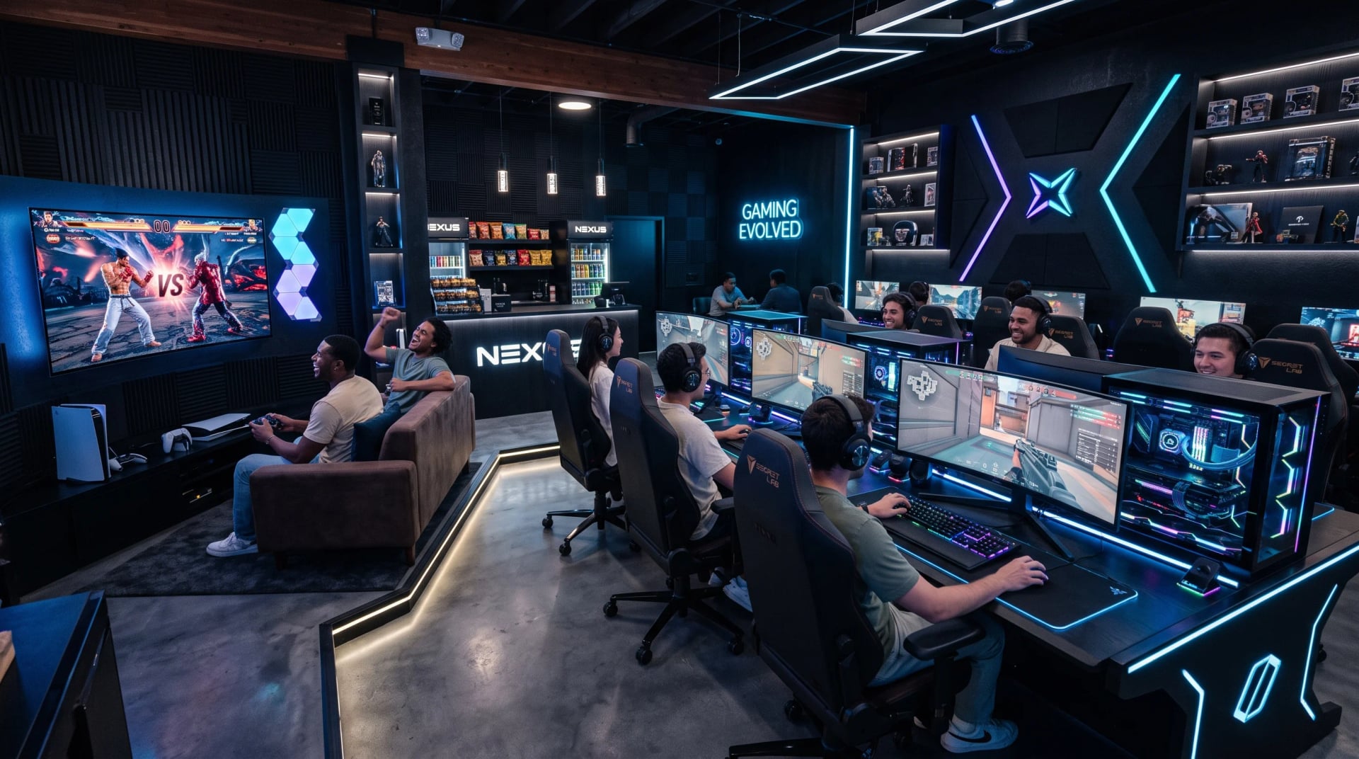 A premium gaming zone with multiple high-performance gaming stations