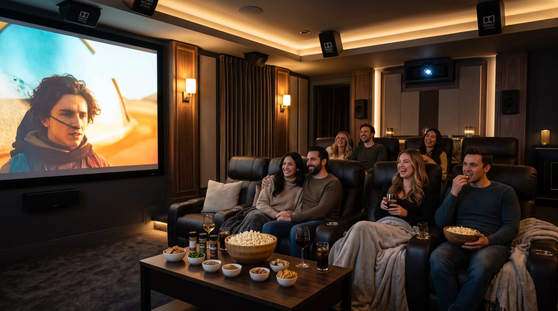 Guests enjoying a film inside a private cinema room