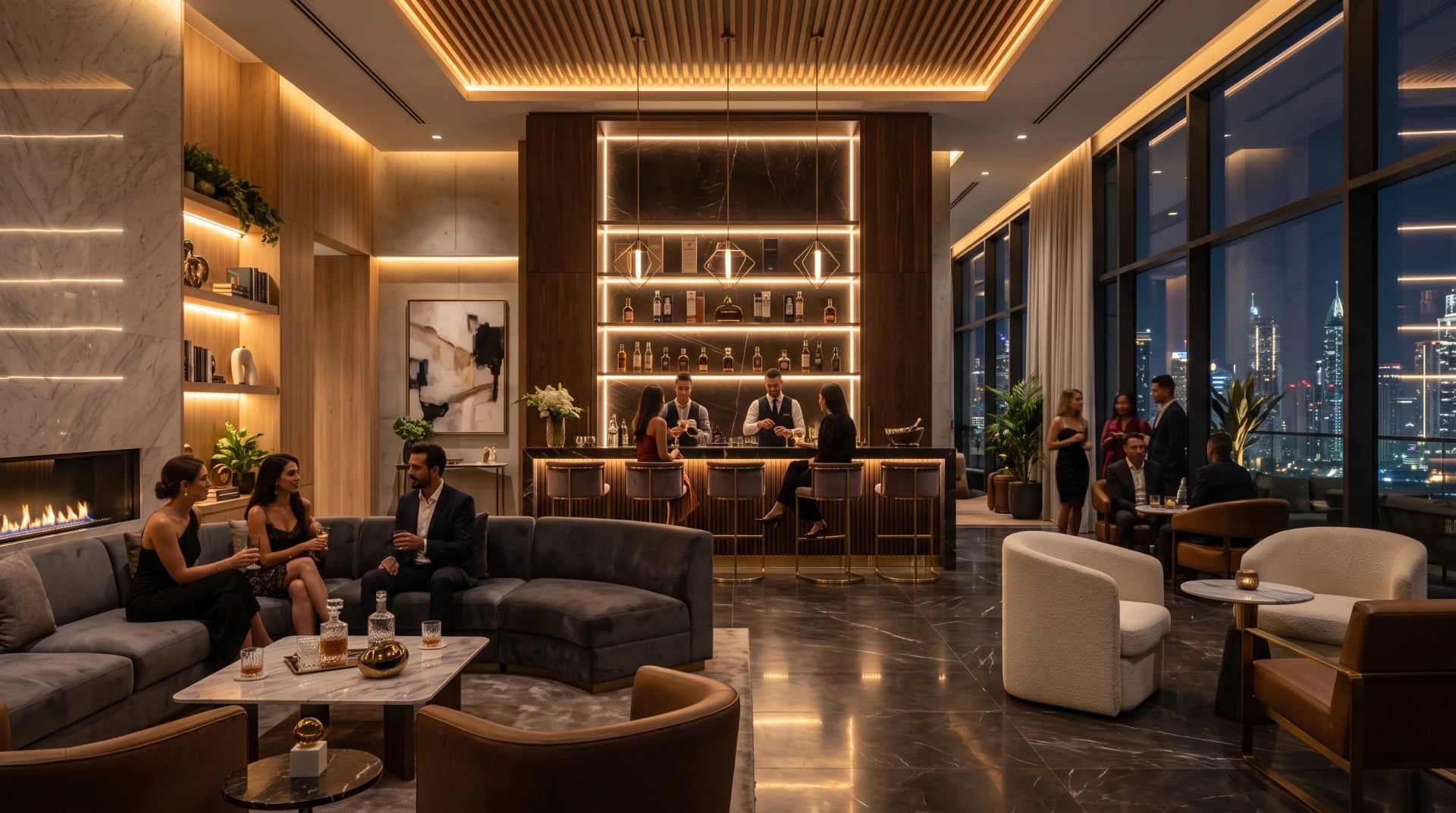 An elegant lounge with a bar and luxury seating