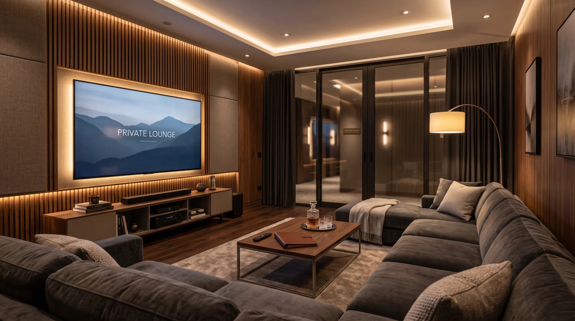 A private lounge with a large screen and comfortable seating
